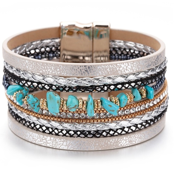 Silver Leather Wrap Turquoise Stone Bracelet - Picture 3 of 7